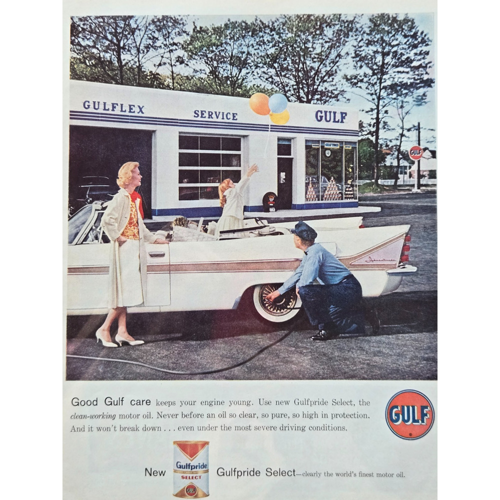 Vintage Gulf Service Station / Motor Oil Print Advertisement 1958 Look Magazine